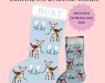 Custom Blue Reindeer Holiday Christmas Stocking Needlepoint Cross Stitch Pattern | Craft