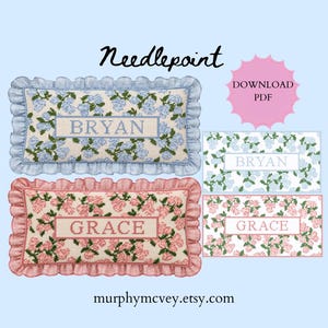May include: Two rectangular needlepoint pillows with ruffled edges, one featuring blue floral patterns with the name BRYAN and one with pink floral patterns with the name GRACE. Text includes Needlepoint, DOWNLOAD PDF, and murphymcvey.etsy.com.