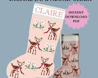 Custom Pink Reindeer Holiday Christmas Stocking Needlepoint Cross Stitch Pattern | Craft