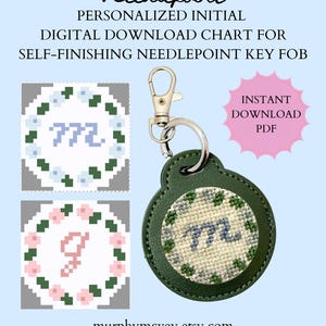 Personalized Initial Needlepoint Keychain Pattern Digital Download Self Finishing Key Fob