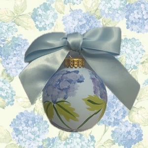 Blue Hydrangeas with Bow, Hand-painted glass ornament (Blue)