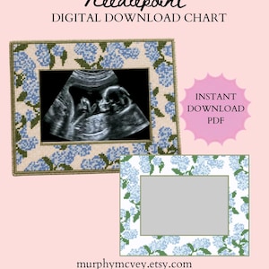May include: A needlepoint digital download chart featuring a rectangular frame pattern with blue floral motifs. The design includes a black and white ultrasound image in the center. Text reads: Needlepoint DIGITAL DOWNLOAD CHART, INSTANT DOWNLOAD PDF, and murphymcvey.etsy.com.