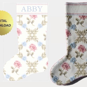 Padrão de bordado ou ponto cruz para meia de Natal personalizada com rosas rosa e azul, inspirado no estilo Loveshackfancy | Artesanato