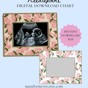 May include: A needlepoint digital download chart featuring a rectangular frame pattern with pink floral motifs and green leaves. The design includes a central opening for a photo, shown with an ultrasound image. Text reads: Needlepoint DIGITAL DOWNLOAD CHART, INSTANT DOWNLOAD PDF, and murphymcvey.etsy.com.