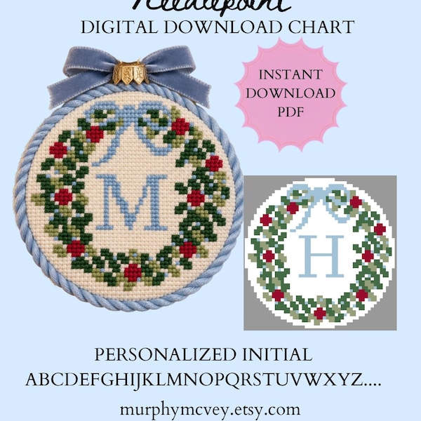 Patrón de bordado o punto de cruz para adorno navideño circular con inicial personalizada / (Descarga digital)