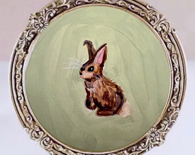 Hand Painted Acrylic Bunny Rabbit Art With Vintage- Look Round Frame - Etsy