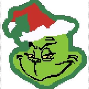 Op de afbeelding: Een pixelafbeelding van een groen personage met een ondeugende grijns, met een rood-witte kerstmuts. Het gezicht van het personage is zwart omlijnd, met gele ogen en een witte baard. De afbeelding heeft een cartoonachtige stijl.