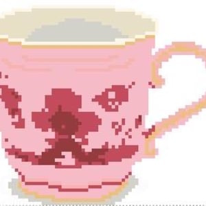 May include: A pink teacup with a floral design and a gold-colored handle. The cup has a light-colored interior and sits on a small, round saucer. The floral pattern is a darker shade of pink.