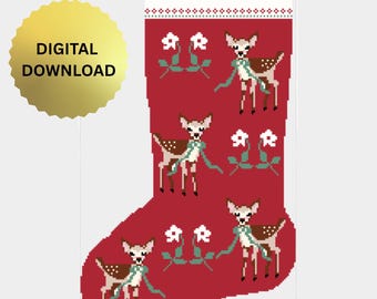 Custom Red Reindeer Holiday Christmas Stocking Needlepoint Cross Stitch Pattern | Craft
