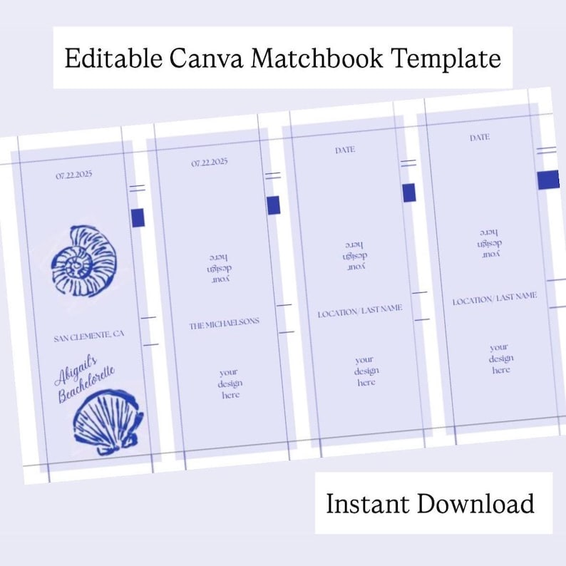 May include: A blue and white Canva matchbook template with seashell illustrations. The template includes fields for dates, locations, and custom designs. Text includes "Editable Canva Matchbook Template" and "Instant Download".