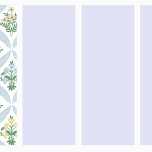 May include: A repeating pattern featuring floral bouquets in yellow, blue, and white, set against a white backdrop. The design is framed by light blue, leaf-shaped elements. The pattern is suitable for fabric or wallpaper.