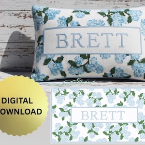 Personalisiertes Hortensien Kreuzstichmuster: Name personalisiert (Digitaler Download)