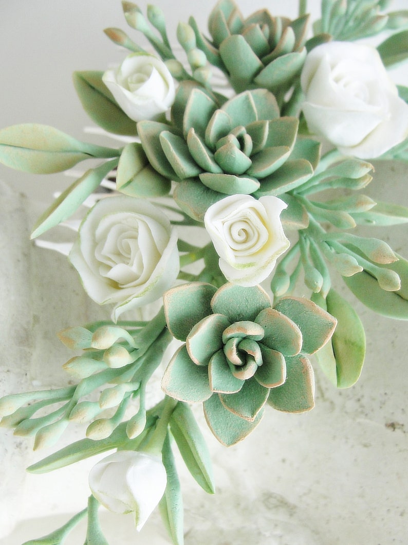 ivory mint floral comb Ivory Peach Green Succulent Flower Hair Comb plants arrangement Succulent gift succulent accessory Wedding Comb