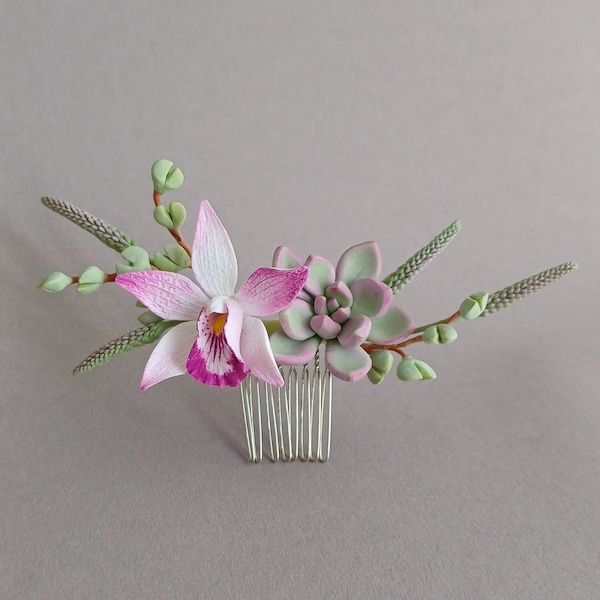 Pink Orchid Green succulent Hair comb, orchid bridal hair comb, succulent hair comb, orchid succulent wedding accessories, orchid for bride