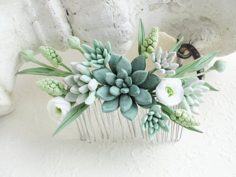 Birthday Bridal Gift Green succulent hair comb Succulent gift Green peach coral wedding hair comb succulent wedding Succulent Jewelry