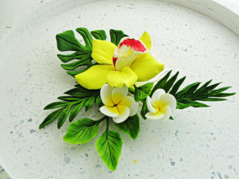 Greenery Palm leaf hair comb Yellow Orchid Exotic Tropical Palm Leaves Hair comb Tropical bridal hair comb Hawaii orchid hair comb