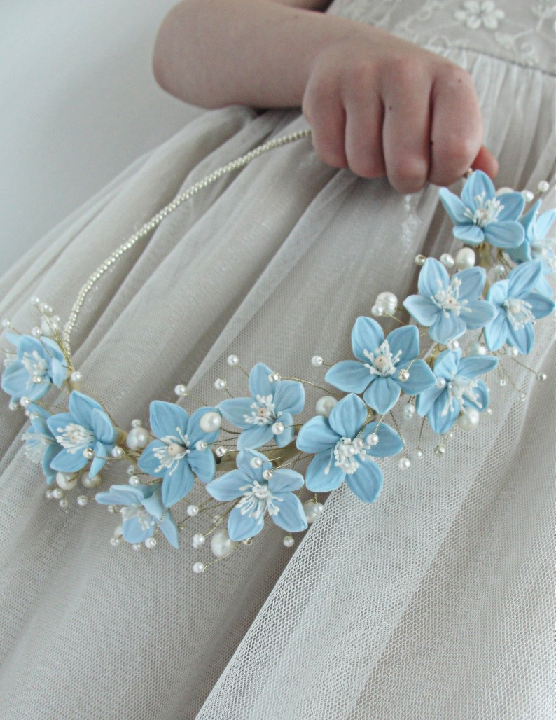 Blue Flowers White Pearls Wedding Crown Blue White Bridal Tiara Blue White Gold Wedding Headpiece Blue White Gold Flowers Wedding Tiara