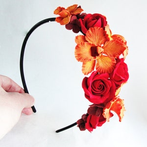 Orange orchid Red roses Floral hair crown Fall flower wedding crown Bridal red crown Red roses crown Red wedding crown Red Wedding accessory