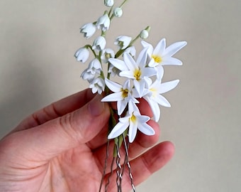 Lily of the valley Hair Pin, Hyacinth Hair Pin, White Flowers Bridal Hair Pins, Spring flowers Hairpiece, Spring Wedding Flowers Hairpiece