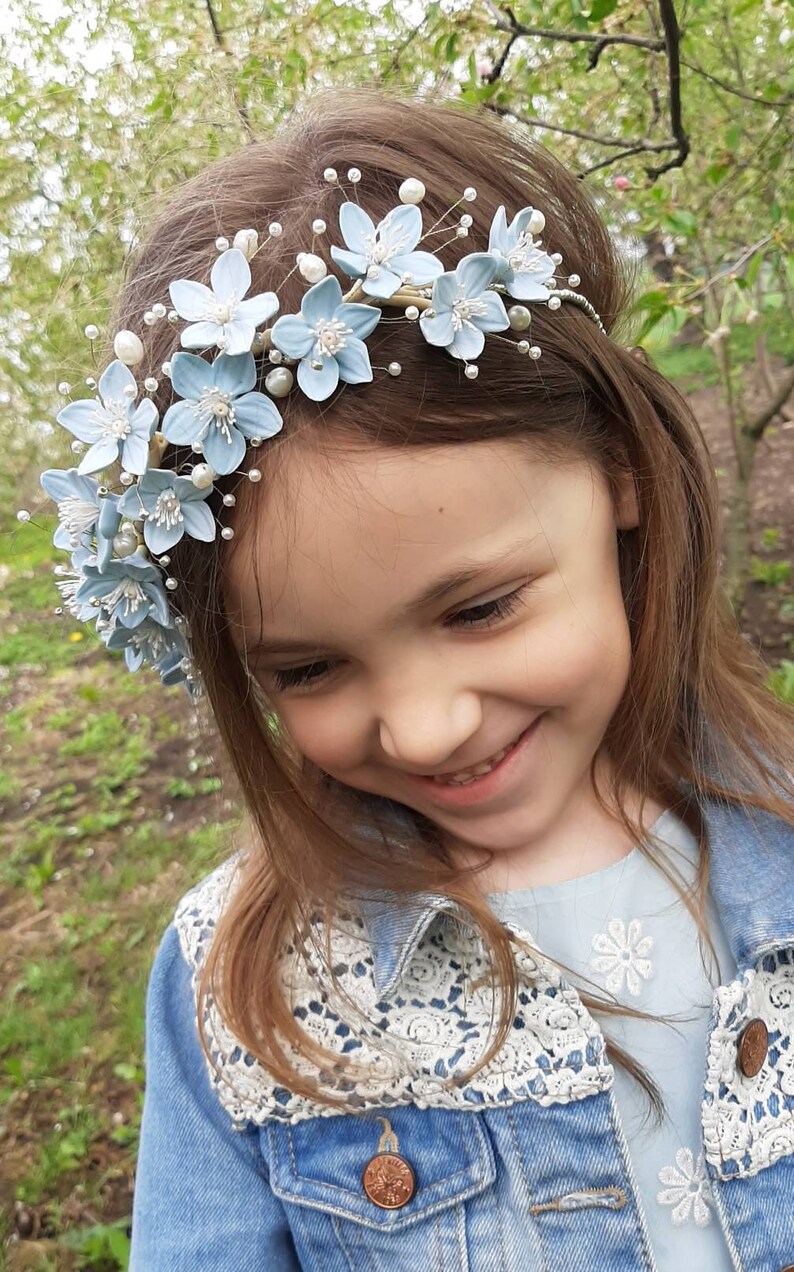 Blue Flowers White Pearls Wedding Crown Blue White Bridal Tiara Blue White Gold Wedding Headpiece Blue White Gold Flowers Wedding Tiara