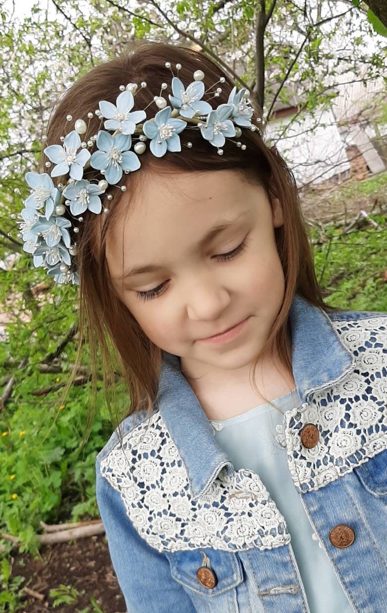 Blue Flowers White Pearls Wedding Crown Blue White Bridal Tiara Blue White Gold Wedding Headpiece Blue White Gold Flowers Wedding Tiara