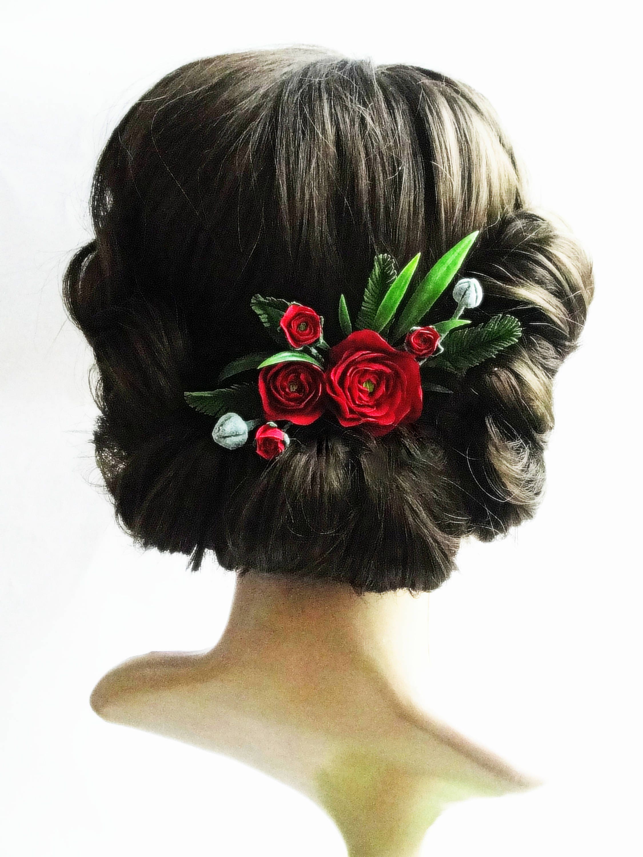 Red Rose Flower Hair Comb Green Leaves Bridal Jewelry Hair Etsy