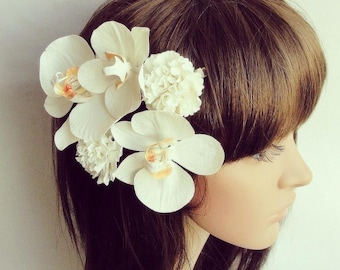 Horquilla con flor de orquídea color blanco marfil, tocado de orquídea para boda en la playa, tocados de flores tropicales color blanco marfil, tocado con flores para boda en la playa