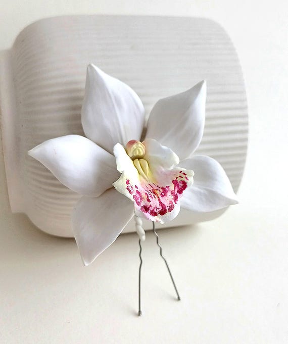 Cattleya Orchid Bridal Hair Clip, White Pink Orchid Bridal  display picture 2