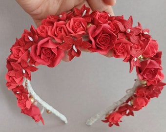 Red rose orchid hair tiara, red flowers bride hairpiece, red wedding flowers, Red flower bridal vine, Red Hair flowers for bride, red gift