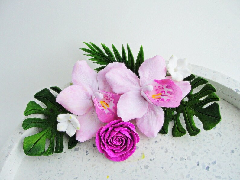 Greenery Palm leaf hair comb Yellow Orchid Exotic Tropical Palm Leaves Hair comb Tropical bridal hair comb Hawaii orchid hair comb