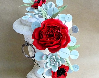 Red Rose Anemone Succulent Eucalyptus Hair Wreath, Red Floral Wedding Tiara, Red Rose Hair Crown, Winter Wedding Hair Halo, Red Bridal Crown