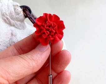 Red carnation flower brooch, red carnation flower accessory, red carnation pin, handmade red flower pin