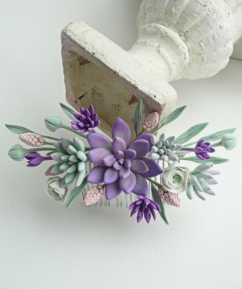 Birthday Bridal Gift Green succulent hair comb Succulent gift Green peach coral wedding hair comb succulent wedding Succulent Jewelry