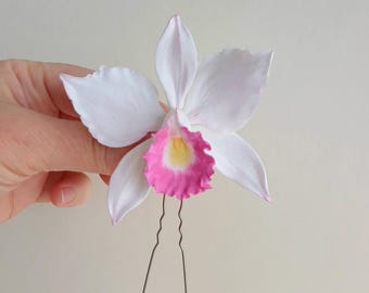 Pinza para el cabello de novia con orquídea Cattleya, pinza para el cabello de novia con orquídea blanca y rosa, pasador para el cabello con orquídea blanca y rosa, tocado con orquídea tropical blanca y rosa