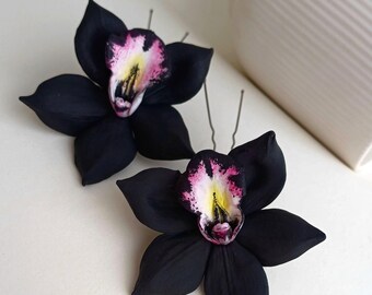 Black Orchid Bridal Hair Clip, Black Hawaiian Orchid Hair Flower