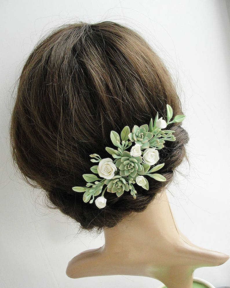 ivory mint floral comb Ivory Peach Green Succulent Flower Hair Comb plants arrangement Succulent gift succulent accessory Wedding Comb