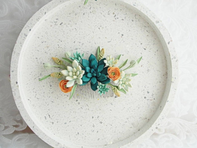 Birthday Bridal Gift Green succulent hair comb Succulent gift Green peach coral wedding hair comb succulent wedding Succulent Jewelry