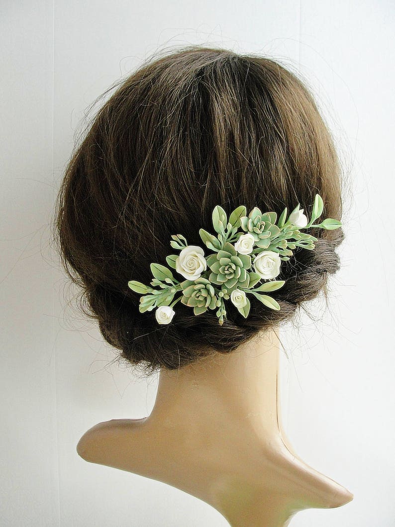 ivory mint floral comb Ivory Peach Green Succulent Flower Hair Comb plants arrangement Succulent gift succulent accessory Wedding Comb