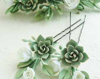 Succulent Hair Pins, Succulent bridesmaid gift, White Ivory Green Hair Pin, Hair Pin Flowers, Spring Wedding, Green Winter Wedding