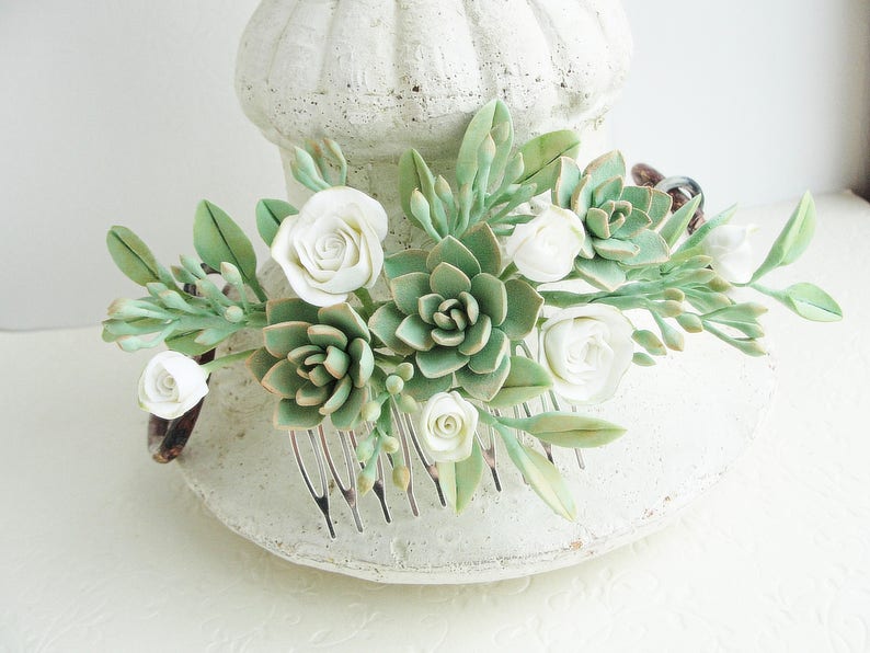 ivory mint floral comb Ivory Peach Green Succulent Flower Hair Comb plants arrangement Succulent gift succulent accessory Wedding Comb