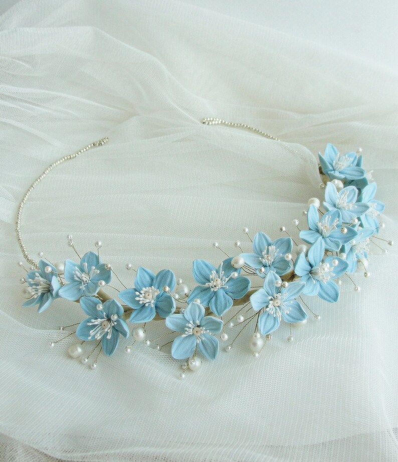 Blue Flowers White Pearls Wedding Crown Blue White Bridal Tiara Blue White Gold Wedding Headpiece Blue White Gold Flowers Wedding Tiara