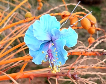 Horquilla de hibisco con flor azul y rosa, pasador de pelo con flor azul, adorno para el cabello de hibisco, accesorio para el cabello de novia de hibisco, horquilla de hibisco tropical