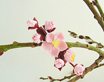 May include: A delicate pink and white flower cluster with yellow centers, attached to a brown twig. The flower cluster is made of polymer clay and is a realistic representation of a cherry blossom.