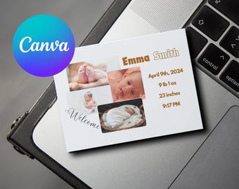 Tarjeta de anuncio de recién nacido editable - Plantilla personalizable de Canva - Descarga instantánea con instrucciones