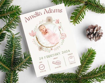 Tarjeta floral editable para recién nacidos - Plantilla personalizable de Canva - Descarga instantánea con instrucciones detalladas
