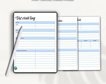 May include: A digital pet care tracker with a vet visit log and medication schedule. The tracker is displayed on a tablet with a stylus, and additional pages are visible. The text "PET CARE TRACKER" is at the top and bottom of the image.