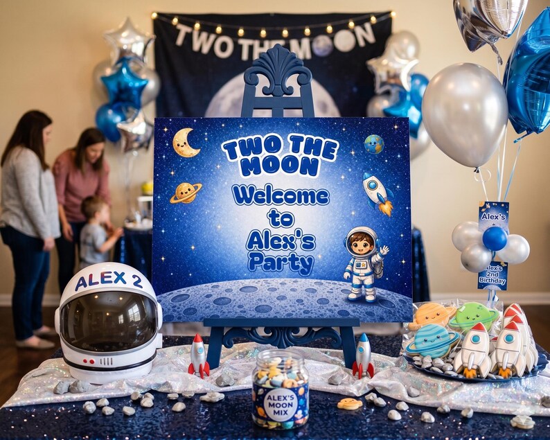 Space Boy Birthday Party Sign Canva Template, Two the Moon Astronaut ...