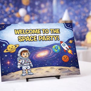 以下が含まれることがあります： 「宇宙パーティーへようこそ！」と書かれたカラフルなサインには、宇宙飛行士、惑星、ロケットが描かれています。サインは黒いスタンドに立てられており、パーティーの装飾と子供のぼやけた背景があります。