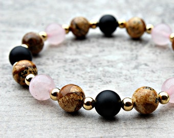 Rose Quartz, Jasper & Black Onyx Womens Yoga Bracelet Meditation Energy Protection Power Bracelet Zen Gift Yoga Gifts