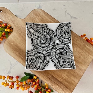 White Glass Sushi Plate with Black Swirl Design
